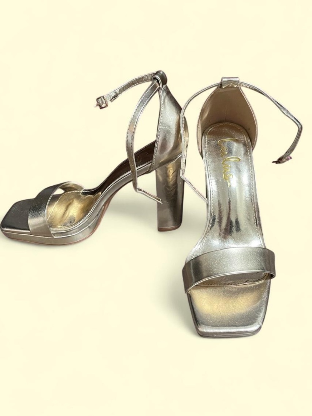 Lulus Gold Metallic Ankle Strap Block Heel Sandals Size 7
